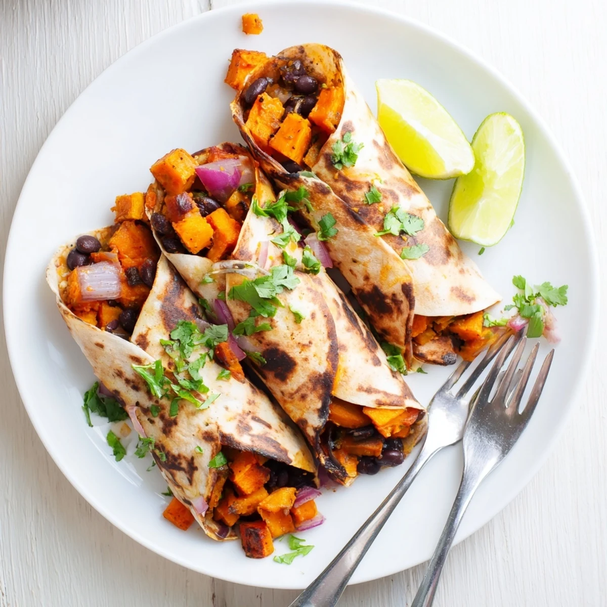 Golden roasted sweet potato and black bean burritos nestled on a rustic wooden board, garnished with fresh cilantro and lime wedges.