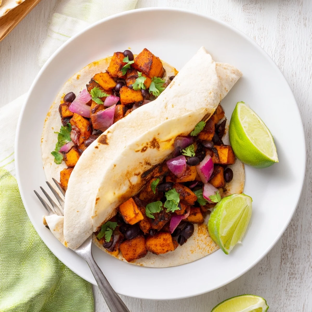 A close-up view of a warm, stuffed burrito filled with caramelized sweet potatoes, black beans, and spices, drizzled with creamy salsa.