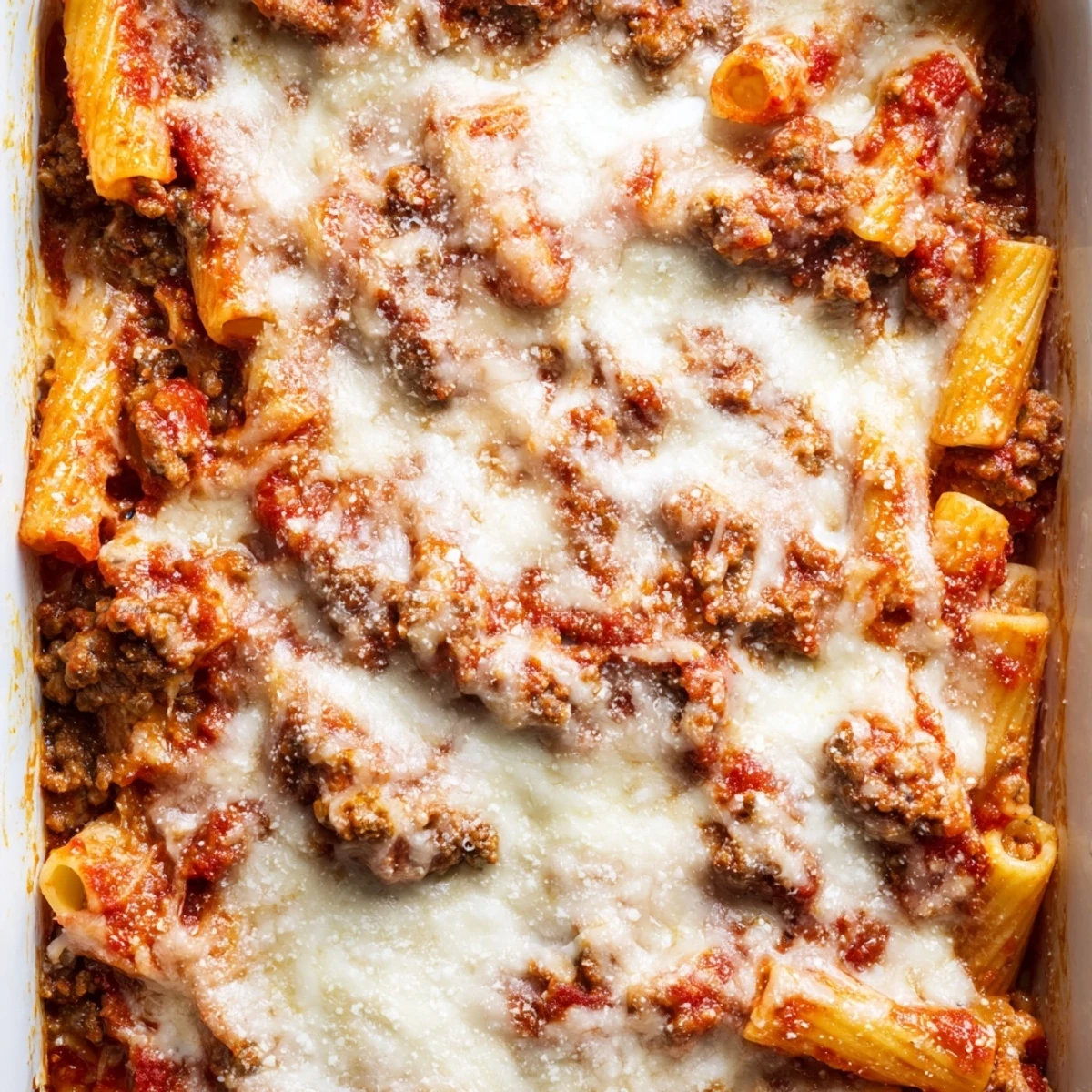 Golden, bubbling cheese tops a hearty layer of baked ziti with ground beef and marinara, served fresh from the oven.  