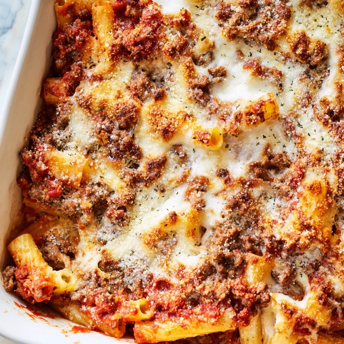 Family-style baked ziti with ground beef and marinara in a casserole dish, ready to serve for a comforting dinner.