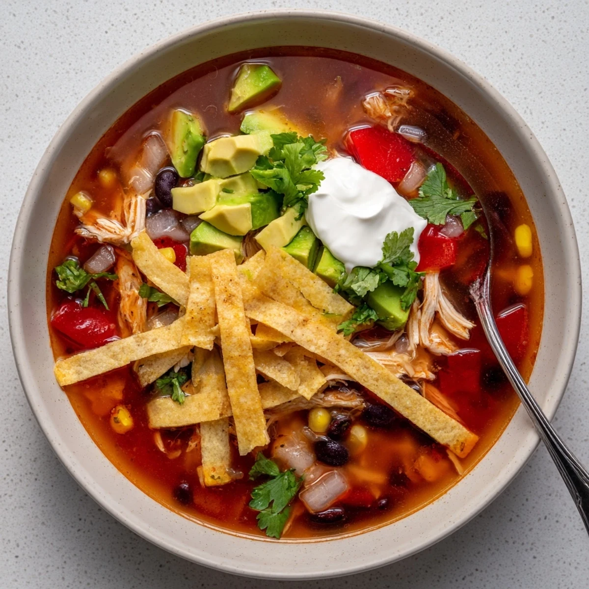 Steaming bowl of Chicken Tortilla Soup with Crispy Strips, garnished with avocado and cilantro.  