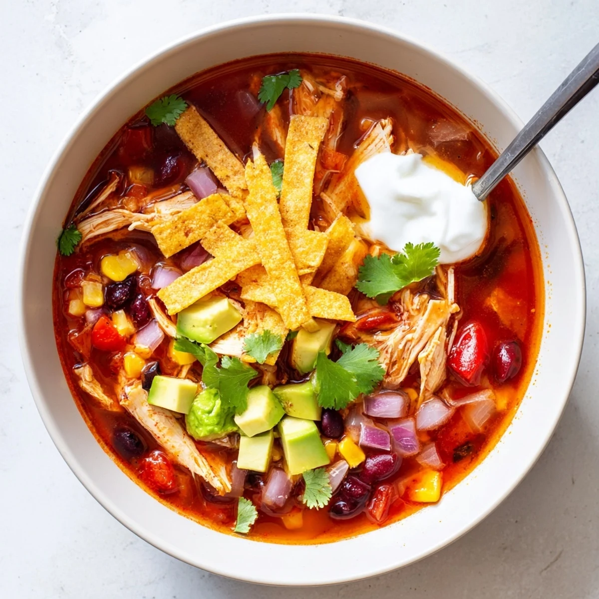 Hearty Chicken Tortilla Soup with Crispy Strips, featuring black beans, corn, and vibrant red bell peppers.