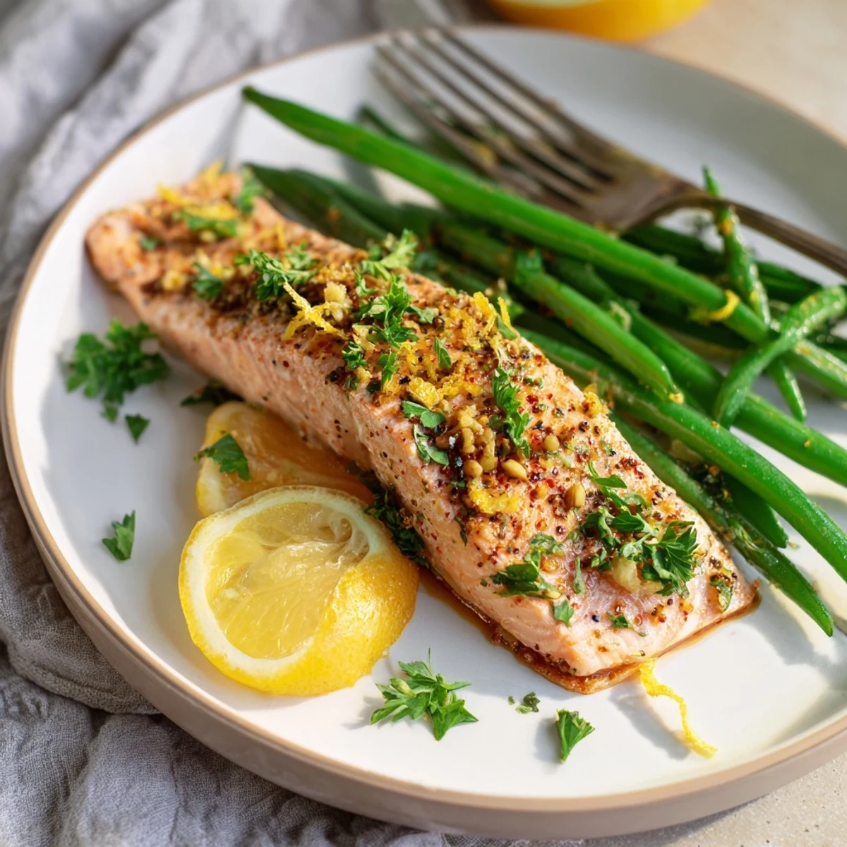 Roasted salmon fillets and crisp-tender green beans seasoned with lemon, garlic, and herbs on a sheet pan.