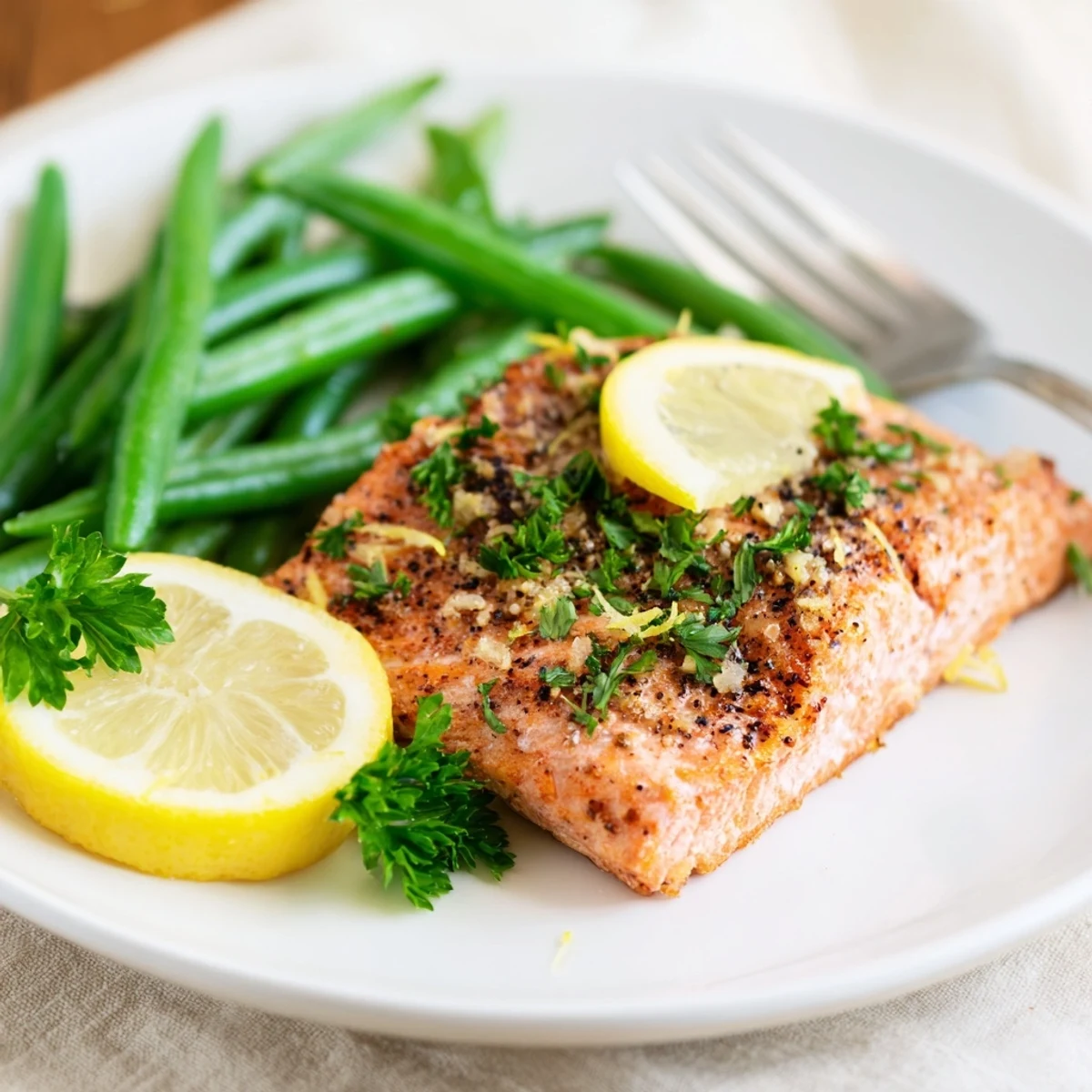Freshly baked sheet pan salmon with vibrant green beans, garnished with parsley and lemon wedges for a healthy meal.