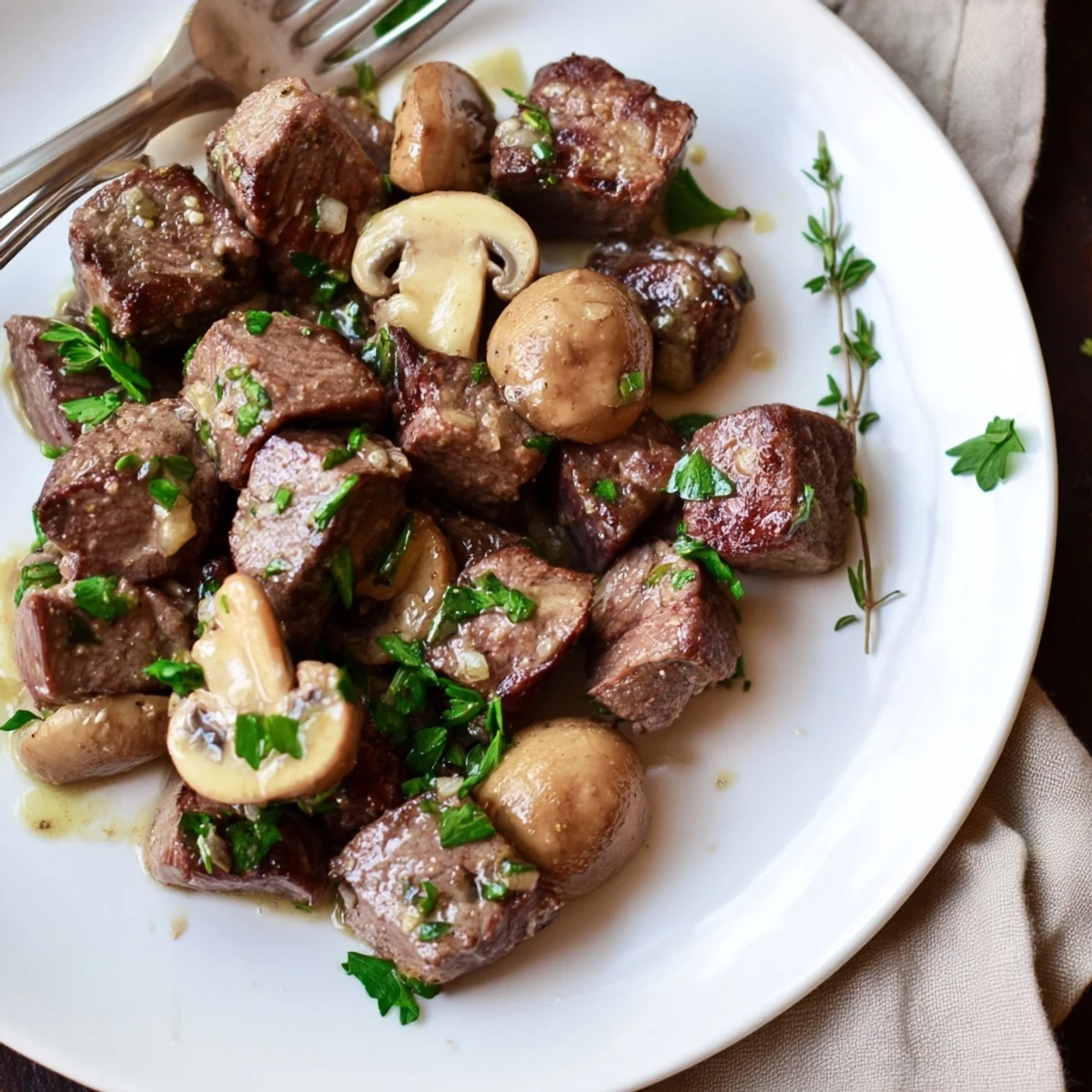 Golden-brown Garlic Butter Steak Bites with sautéed mushrooms glistening in a rich garlic butter sauce, garnished with fresh parsley.  