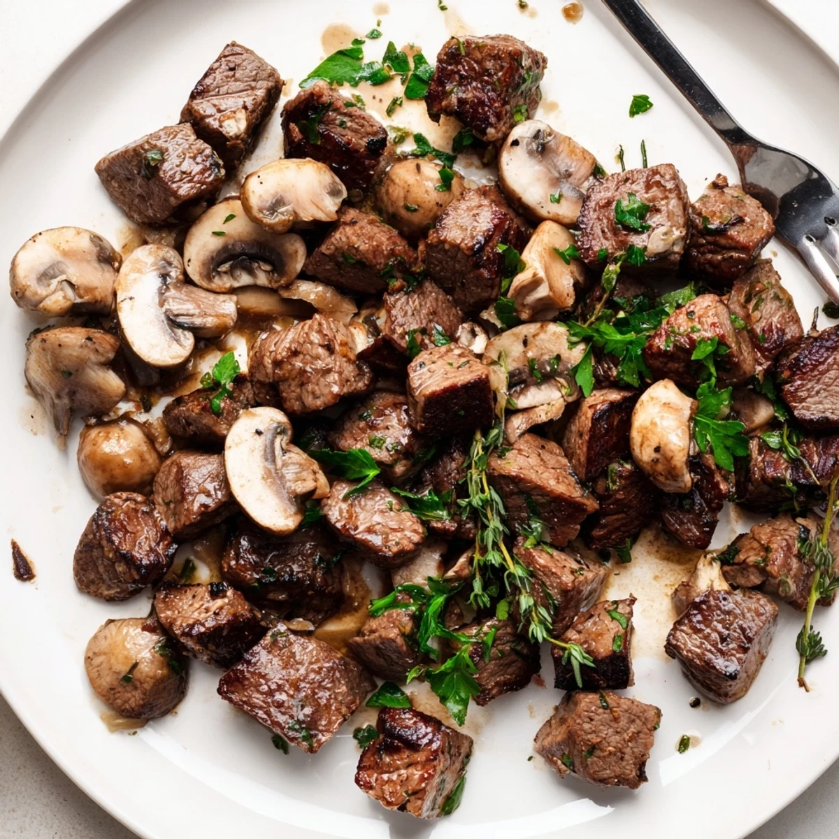 Sizzling Garlic Butter Steak Bites with mushrooms and herbs, paired with crusty bread for dipping into the savory sauce.
