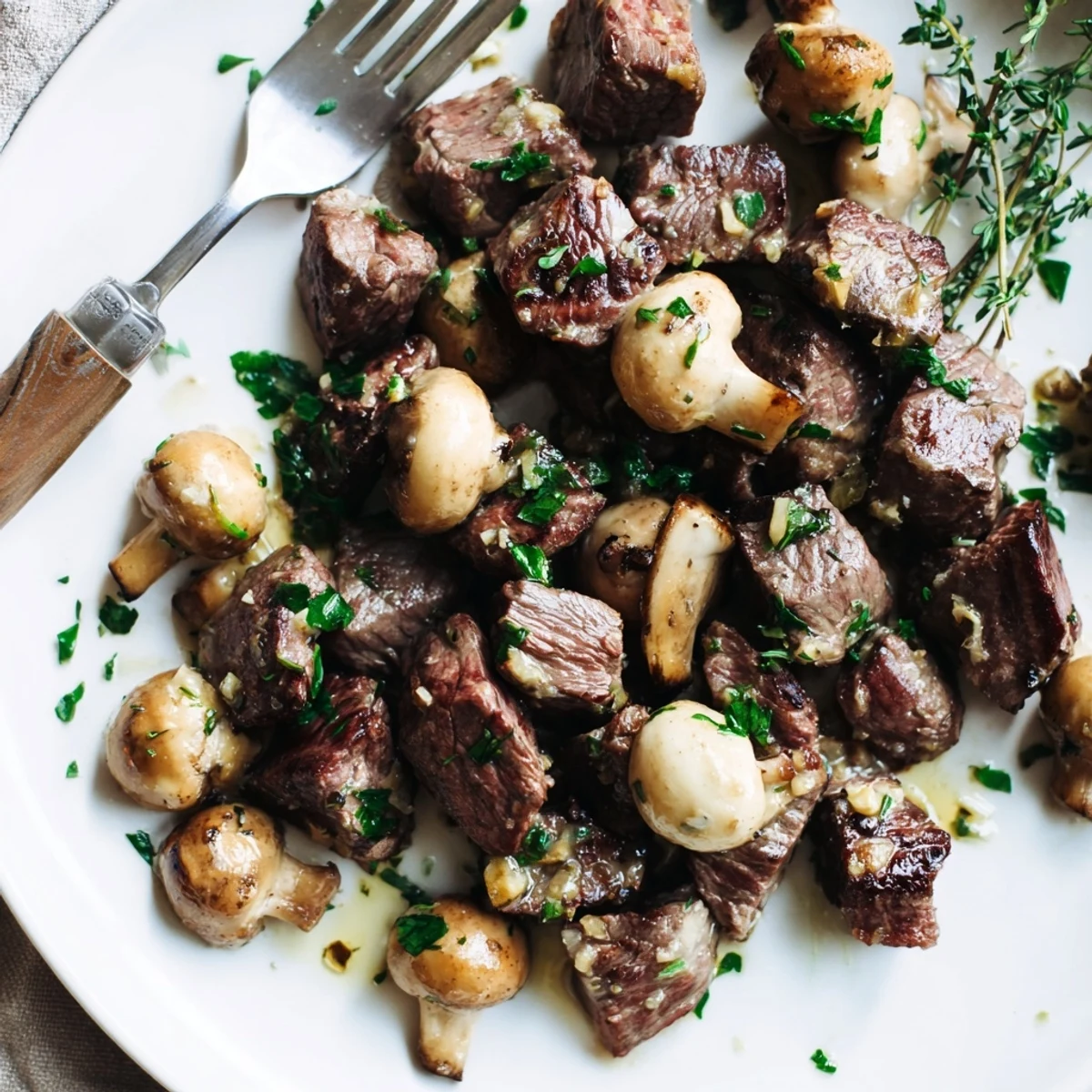A close-up of Garlic Butter Steak Bites and tender mushrooms in a skillet, ready to serve over creamy mashed potatoes.  
