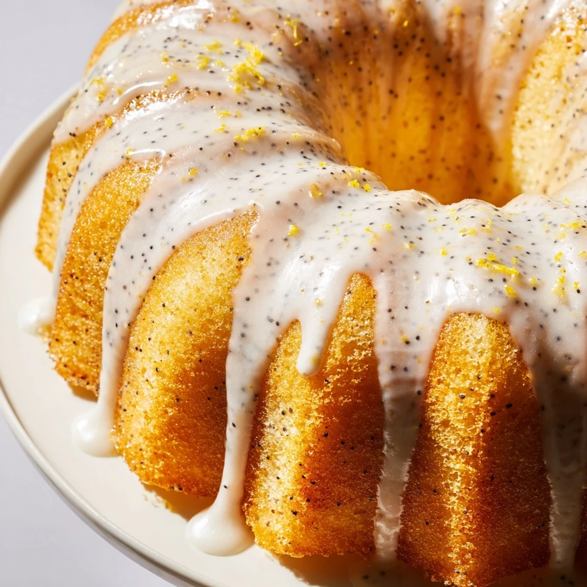 Freshly glazed Lemon Poppy Seed Bundt Cake sits on a marble counter, showcasing a moist crumb and shiny citrus drizzle.