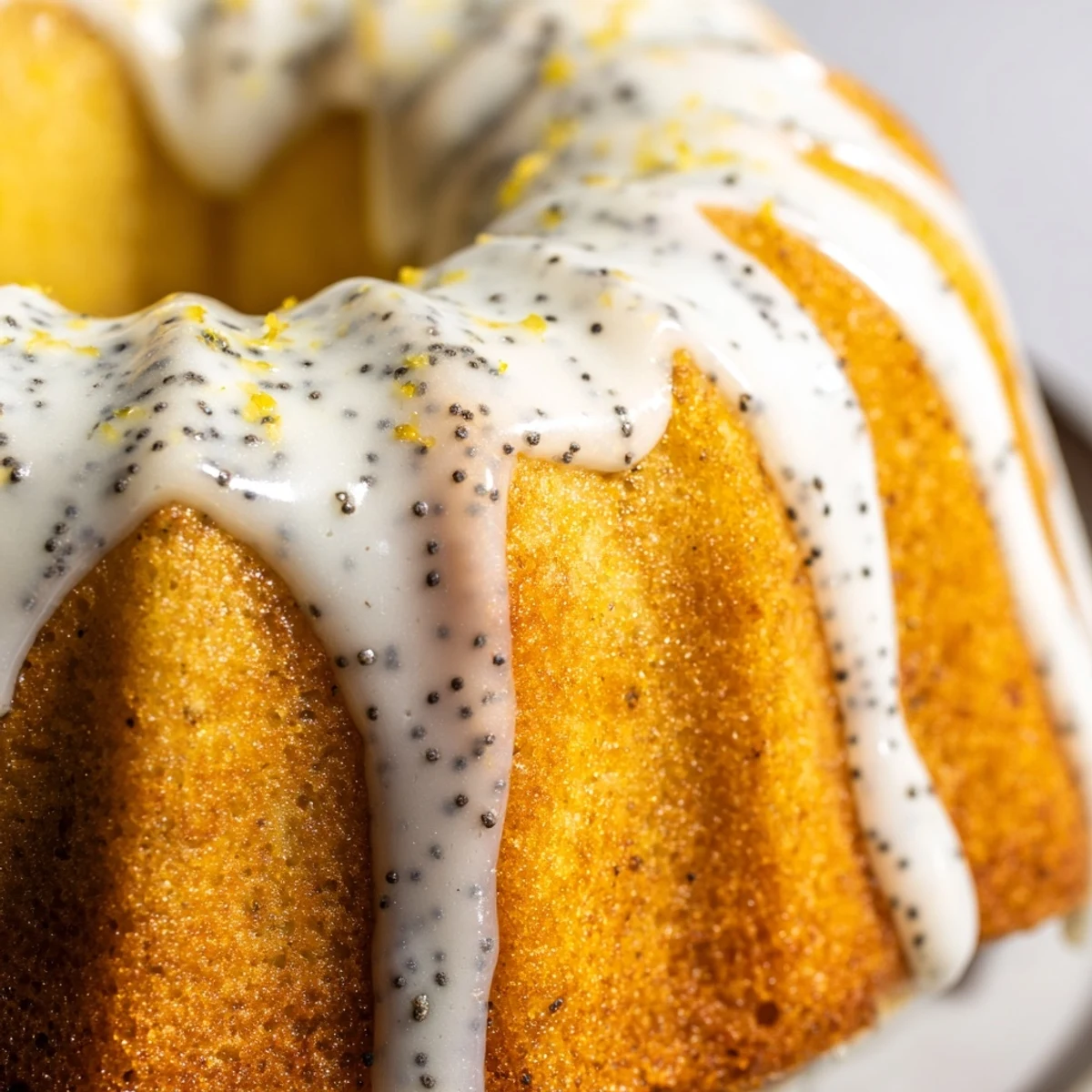 A close-up of Lemon Poppy Seed Bundt Cake reveals poppy seed speckles and a generous lemon glaze dripping down the ridges.