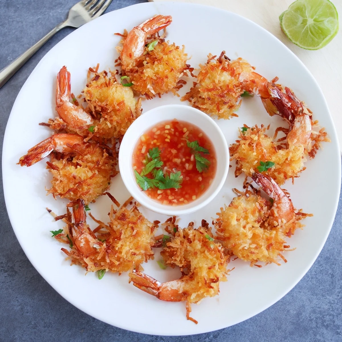 Crispy Coconut Shrimp with Sweet Chili Sauce piled high, golden brown with coconut flakes, garnished with cilantro and limes.  