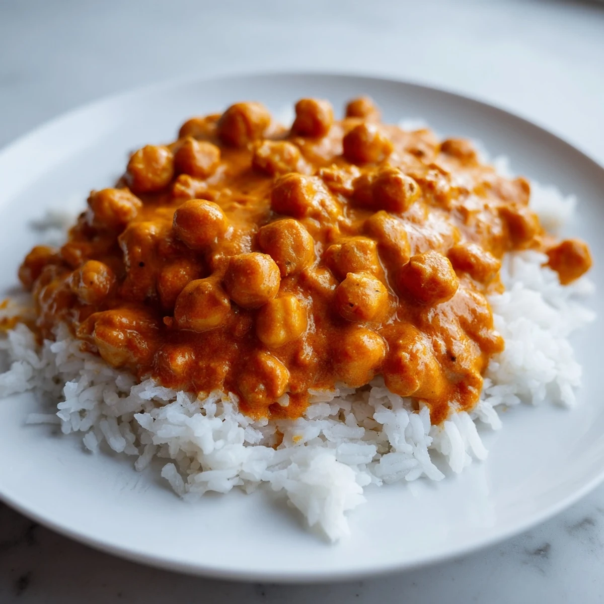 Creamy Vegan Chickpea Tikka Masala served over fluffy basmati rice, garnished with fresh cilantro.
