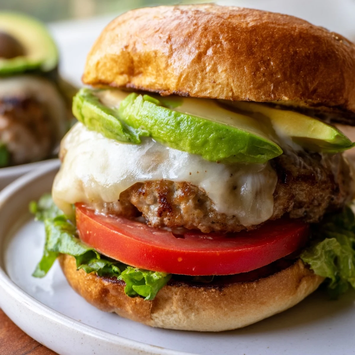 Melted Swiss cheese and avocado topping on a juicy turkey burger served on a toasted bun with fresh lettuce.