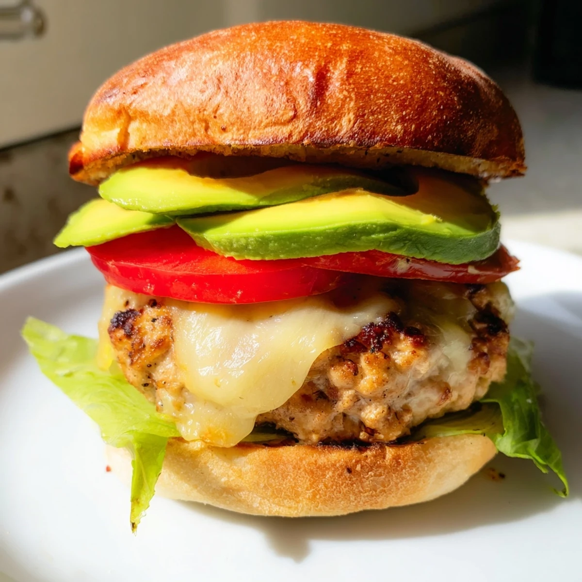 Golden-brown turkey burger with melted Swiss cheese and creamy avocado slices on a toasted bun with lettuce and tomato.