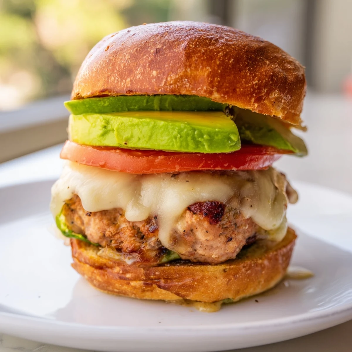 Freshly grilled turkey burger with Swiss cheese and avocado on a toasted bun, garnished with tomato and lettuce.