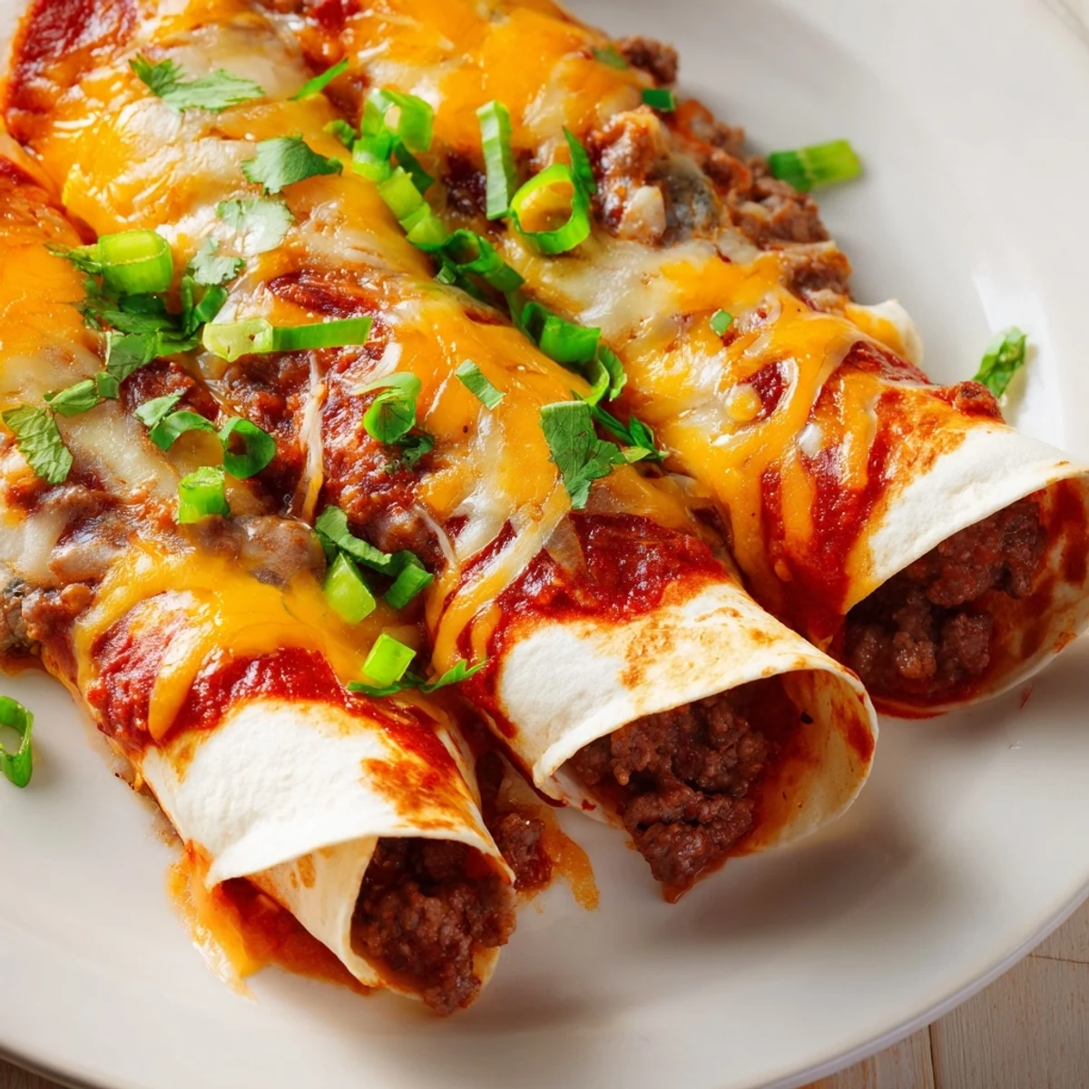 Golden, bubbly Beef Enchiladas with Red Enchilada Sauce are baked in a casserole dish with melted cheese and fresh cilantro.
