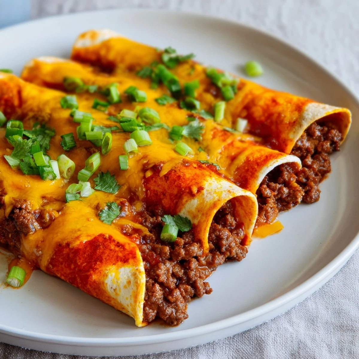 Homemade Beef Enchiladas with Red Enchilada Sauce are smothered in vibrant sauce and garnished with sliced green onions.