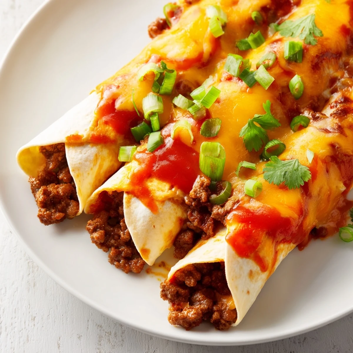 A serving of savory Beef Enchiladas with Red Enchilada Sauce is plated, showcasing the rich red sauce and tender beef filling.