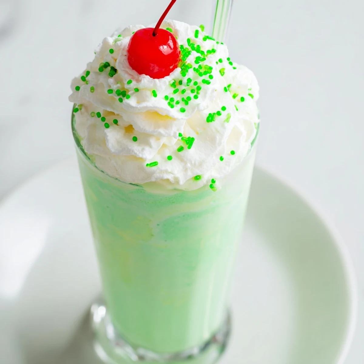 Cool, vibrant green Shamrock Mint Milkshake garnished with a maraschino cherry, ready for a festive St. Patrick’s Day sip.