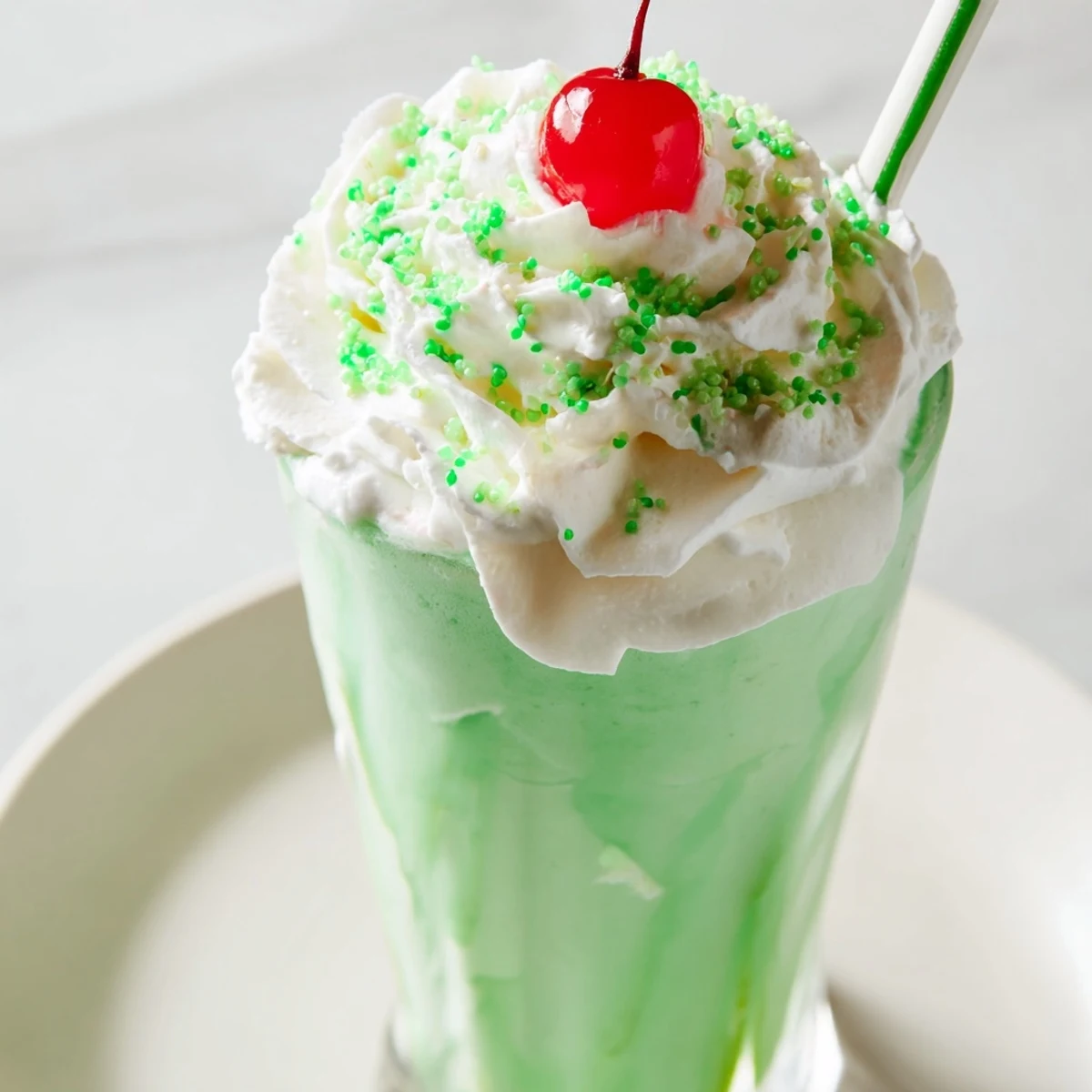Refreshing homemade Shamrock Mint Milkshake blended smooth with vanilla ice cream and mint, poured into chilled glasses for immediate enjoyment.