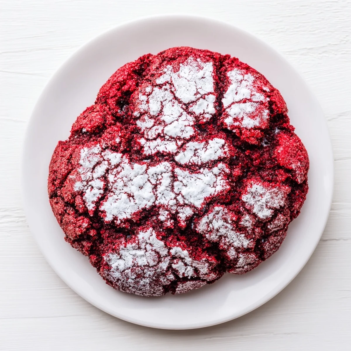 Baked Red Velvet Crinkle Cookies showing a soft, fudgy interior with a bright red hue and snowy sugar coating.  