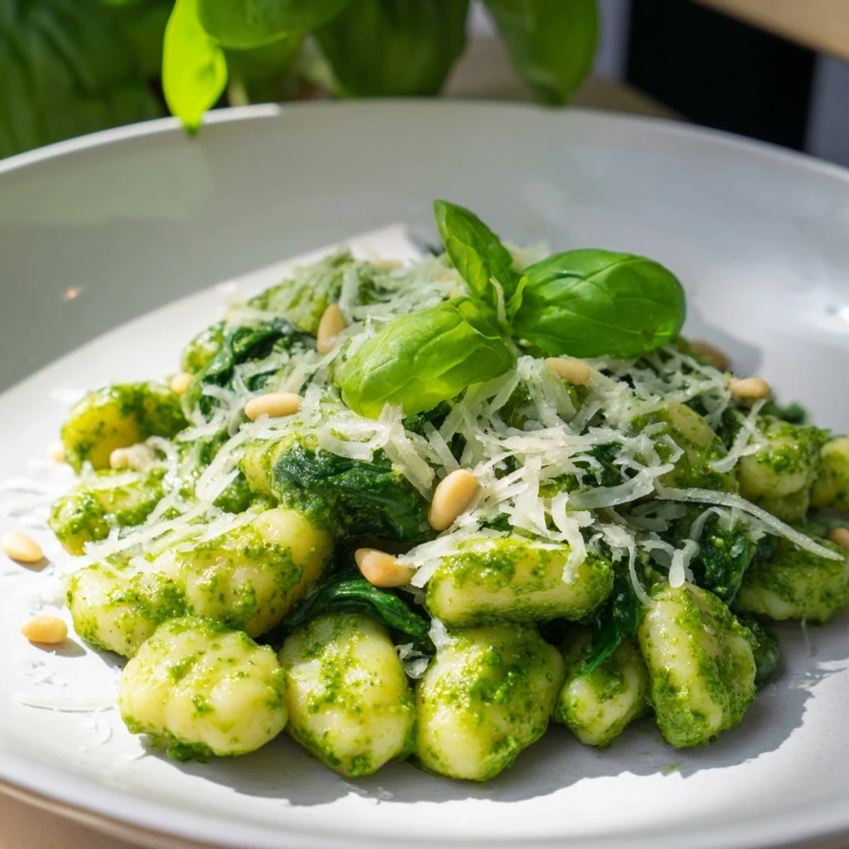 Plate of homemade Green Pesto Gnocchi with Spinach, lightly coated in basil sauce and ready for dinner.
