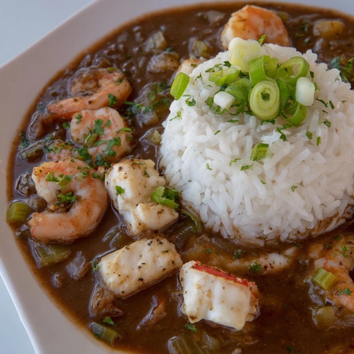 A hearty bowl of Creole Seafood Gumbo with shrimp, crab, and fish in a dark, rich roux-based broth, served over fluffy white rice.  