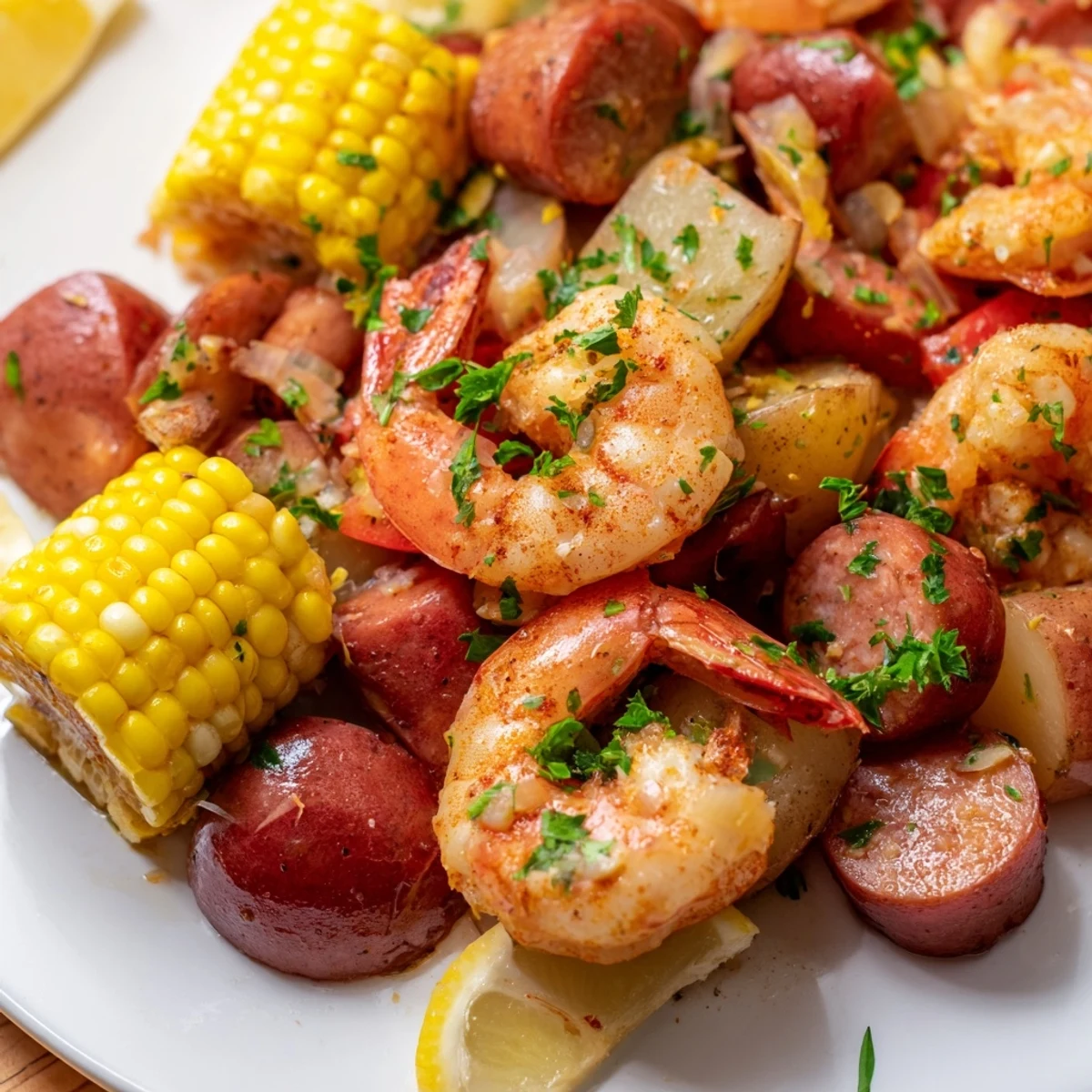 A Mardi Gras Shrimp Boil with andouille sausage, potatoes, and corn, drizzled with melted butter and served with lemon wedges.