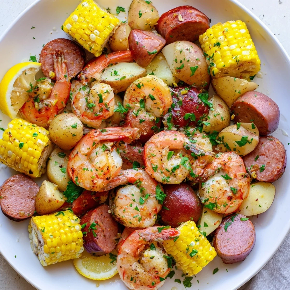 Ready-to-serve Mardi Gras Shrimp Boil featuring succulent shrimp, tender potatoes, sweet corn, and smoky sausage on a festive table.