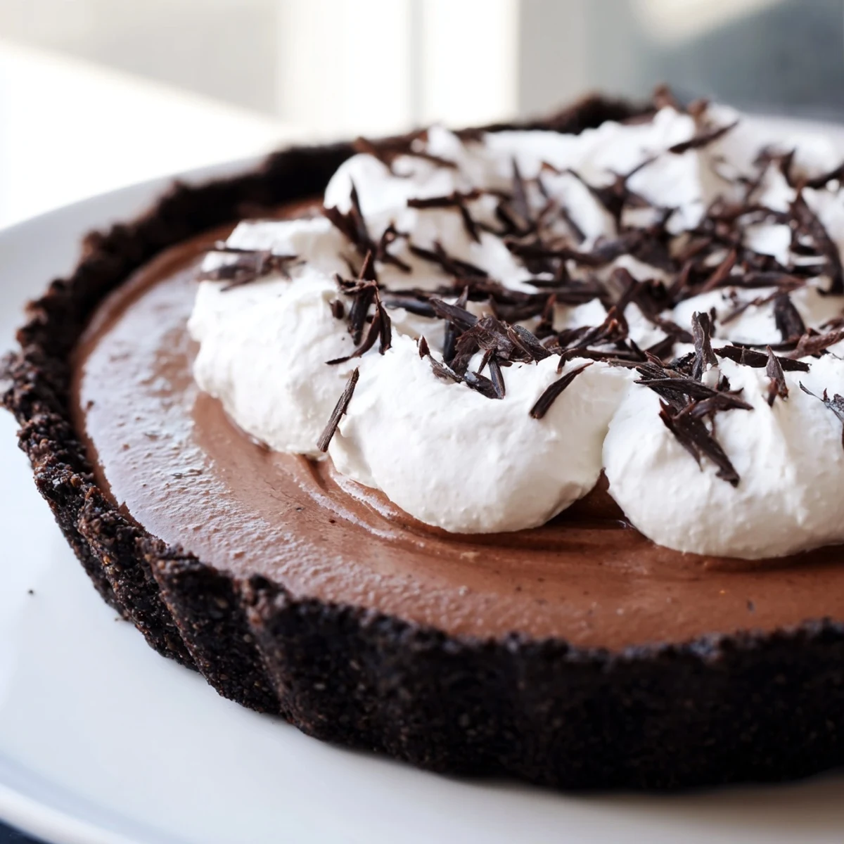 A decadent slice of Romantic Chocolate Silk Pie with a smooth, velvety filling and a dollop of whipped cream.