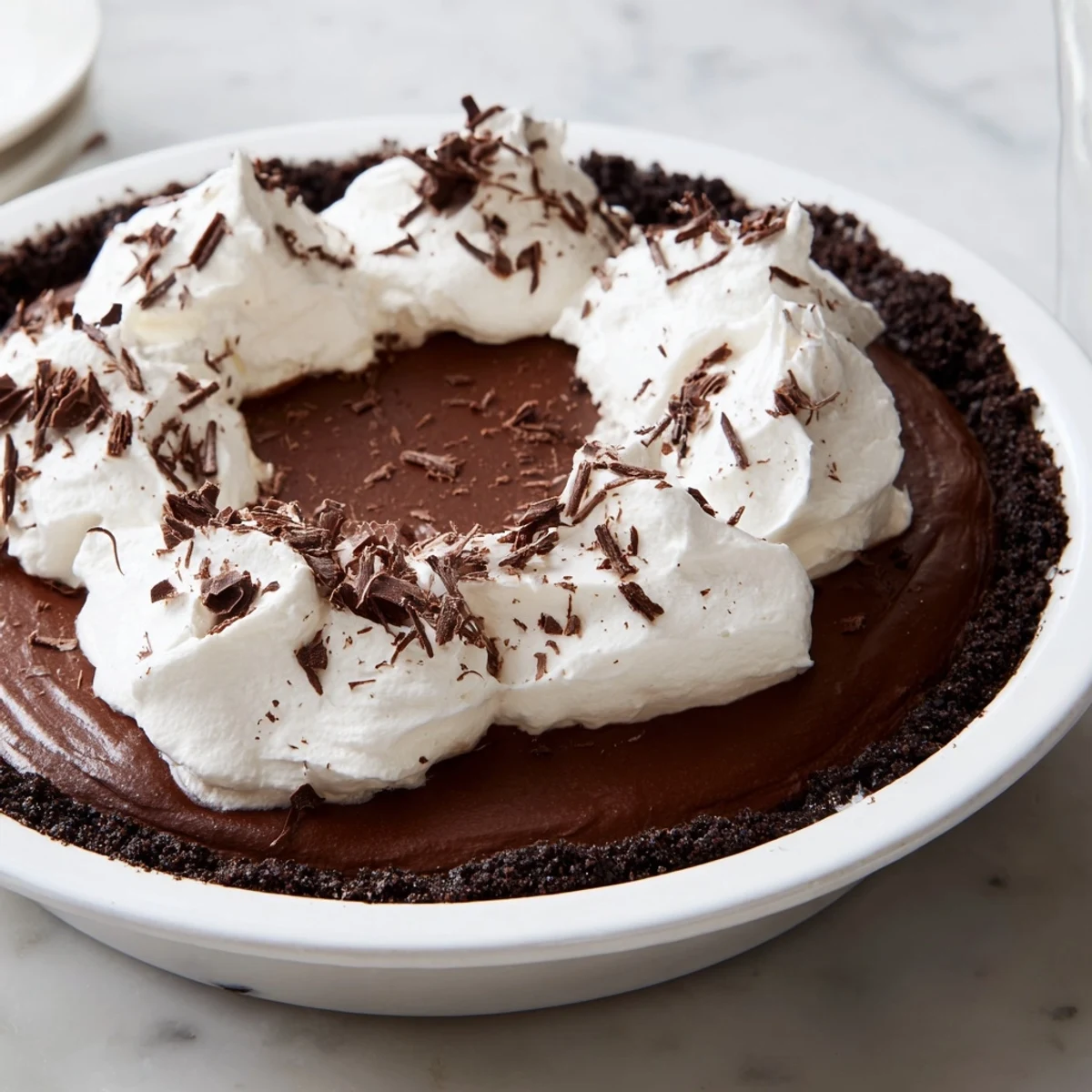 Freshly baked Romantic Chocolate Silk Pie served chilled with rich chocolate shavings and fresh raspberries on top.