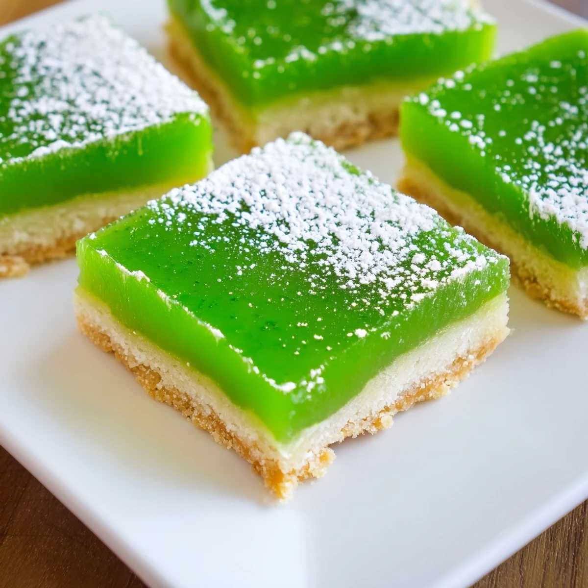 Freshly baked St. Patrick's Day Lime Bars showcasing a vibrant green citrus filling on a golden buttery shortbread crust, perfect for holiday dessert platters.