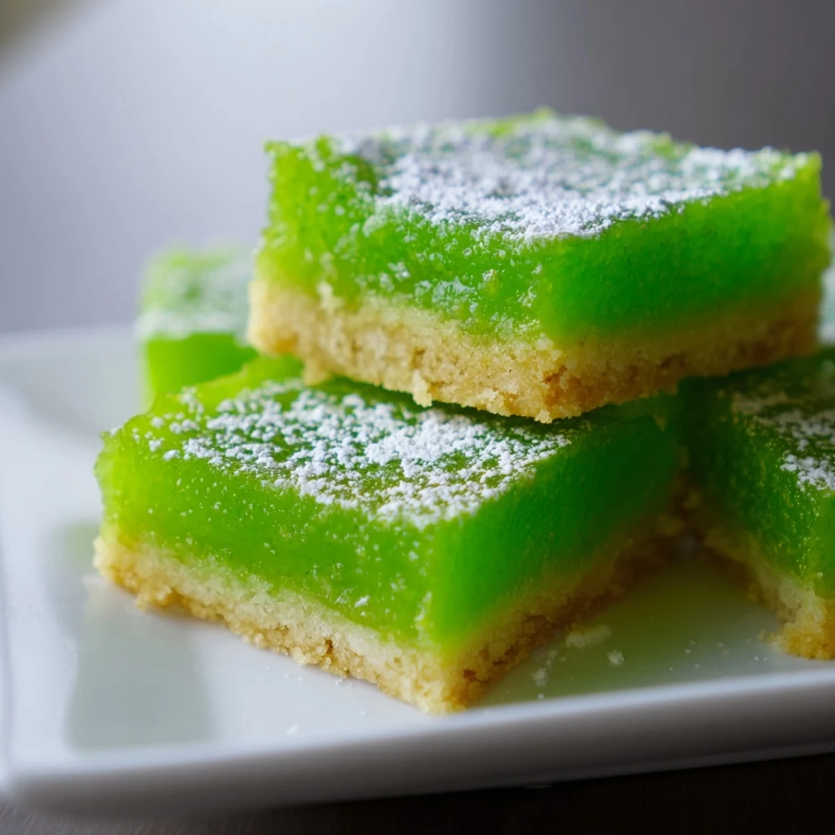Sweet and tangy St. Patrick's Day Lime Bars dusted with powdered sugar, arranged neatly on a rustic wooden table for a festive springtime treat.