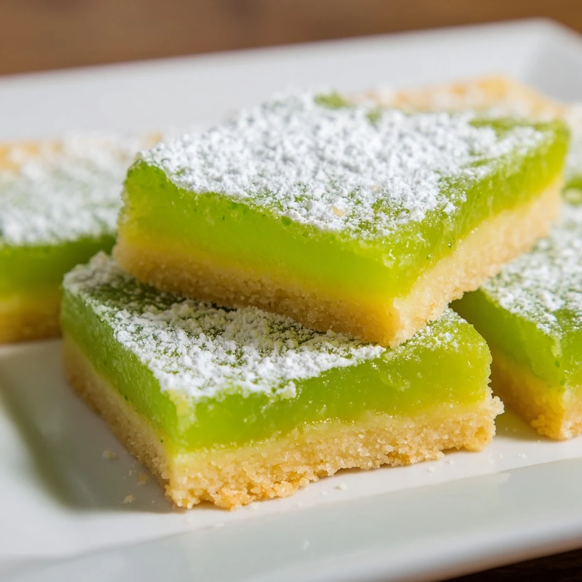 Homemade St. Patrick's Day Lime Bars with a chewy lime custard center and crisp shortbread base, ready to serve with a cup of hot tea.