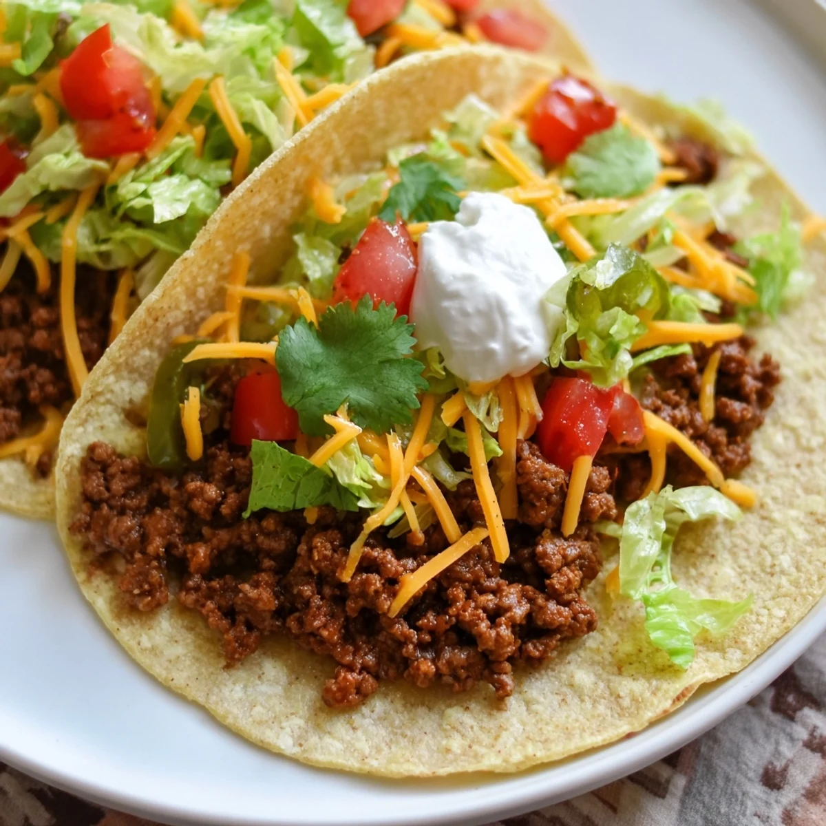 Close-up of a hand holding a mini taco stuffed with spiced beef, fresh tomatoes, and a dollop of homemade guacamole.
