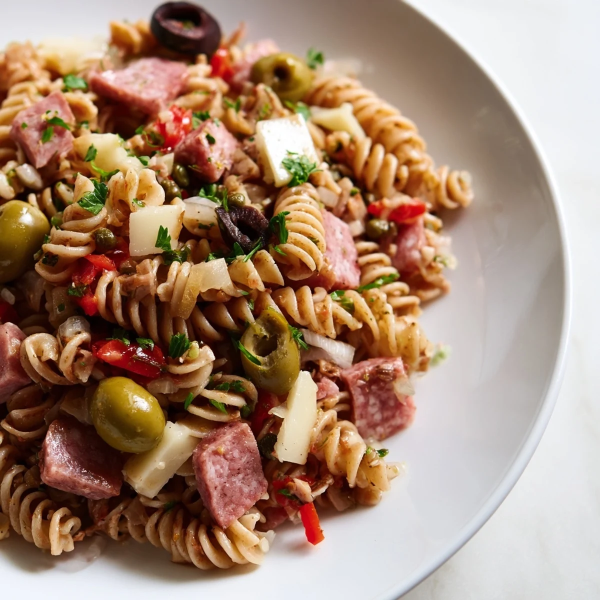 A colorful bowl of New Orleans Muffuletta Pasta Salad with halal salami, provolone, and pickled veggies tossed in zesty dressing.