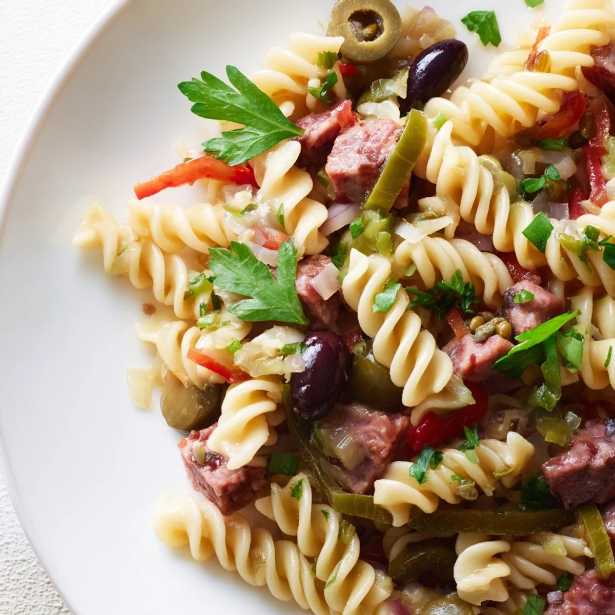 Freshly prepared New Orleans Muffuletta Pasta Salad served cold with olives, roasted red peppers, and herbs on a rustic table.