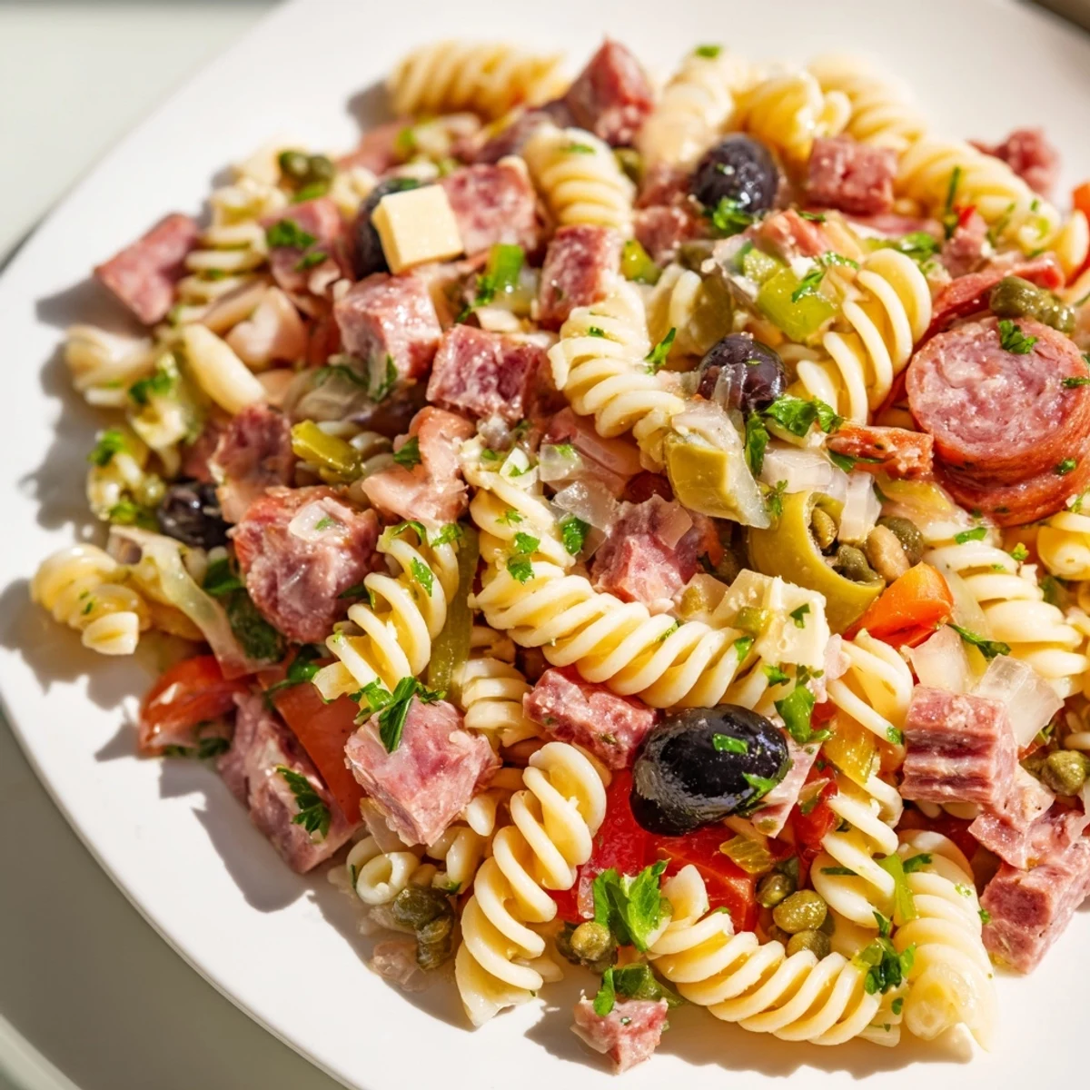 Easy New Orleans Muffuletta Pasta Salad featuring rotini, deli meats, and tangy giardiniera, perfect for a summer picnic or potluck.