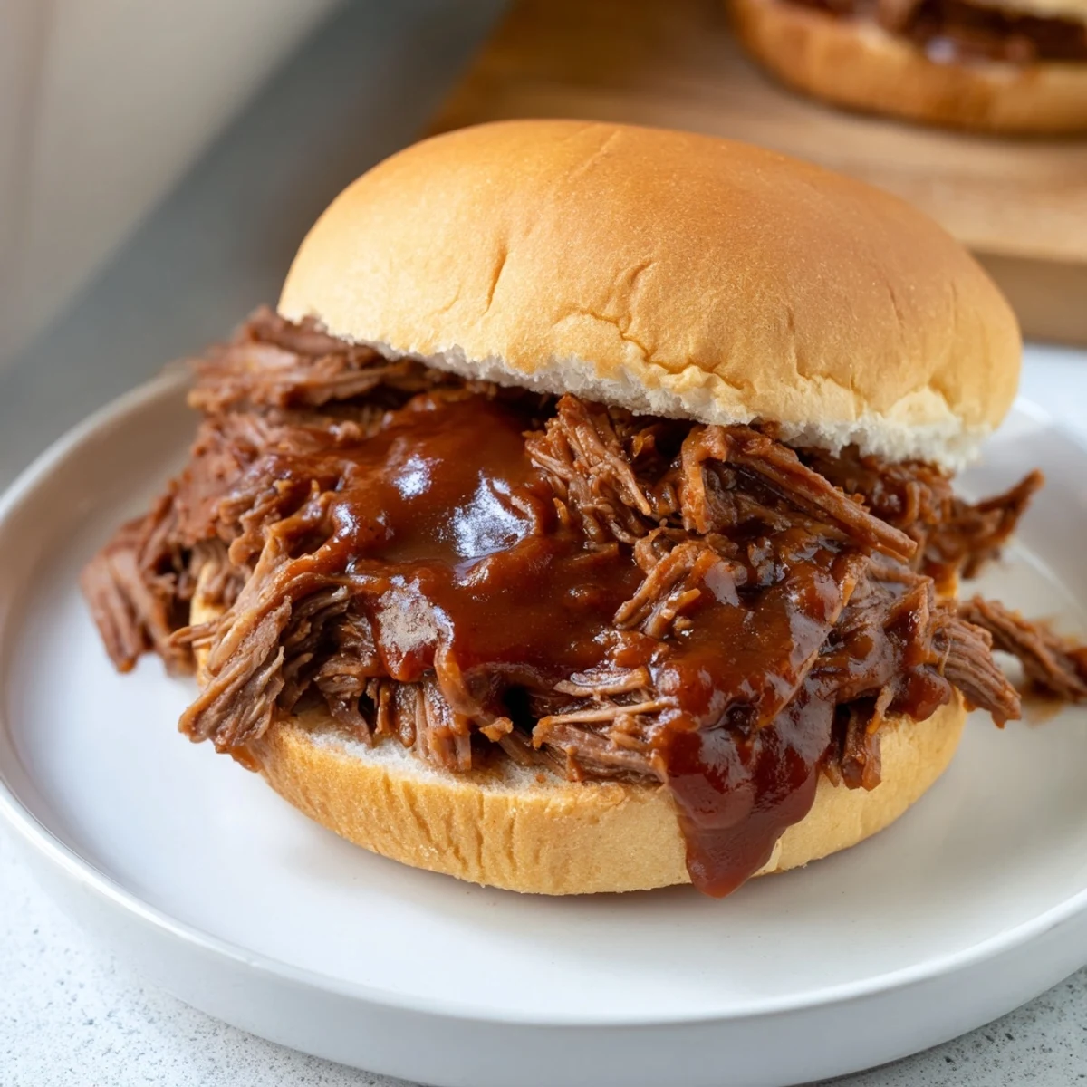 Tender, slow-cooked shredded beef with rich barbecue flavor on a soft roll, ready for a game day feast.  