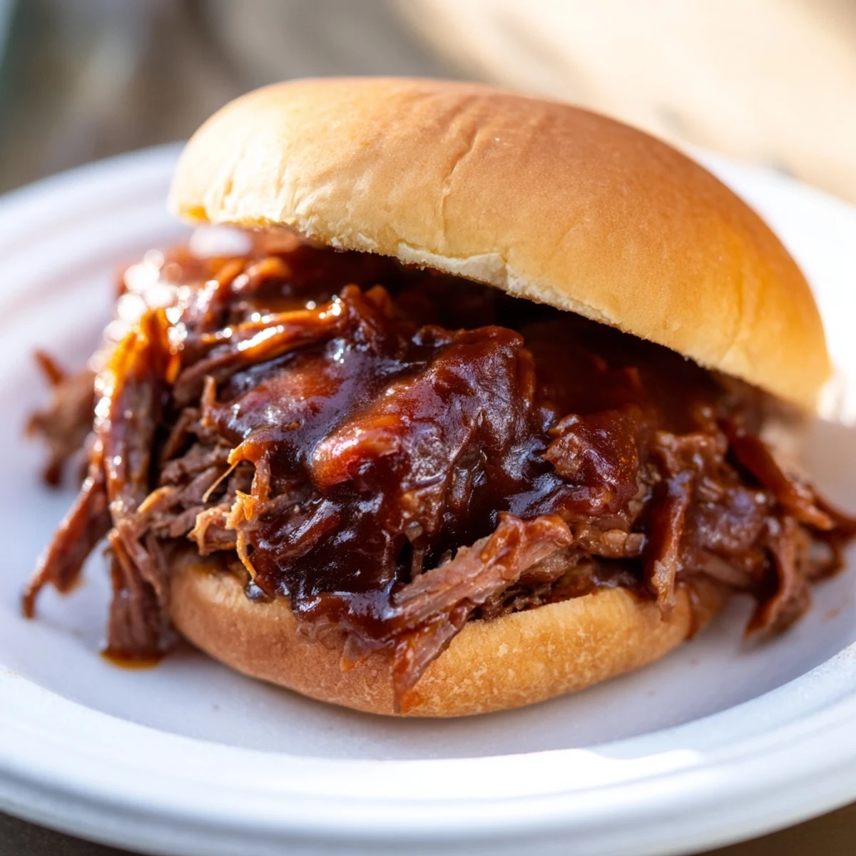 Pulled beef piled high on a toasted bun, drizzled with smoky barbecue sauce and topped with creamy coleslaw.  