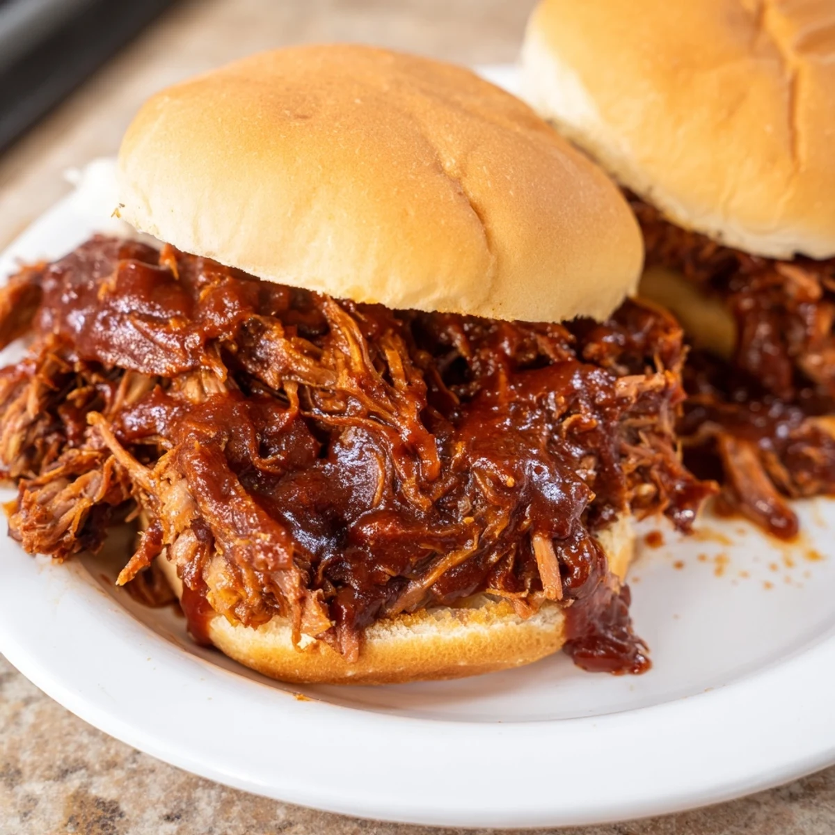 A close-up of juicy pulled beef sandwiches on soft buns, garnished with crisp coleslaw for a perfect bite.