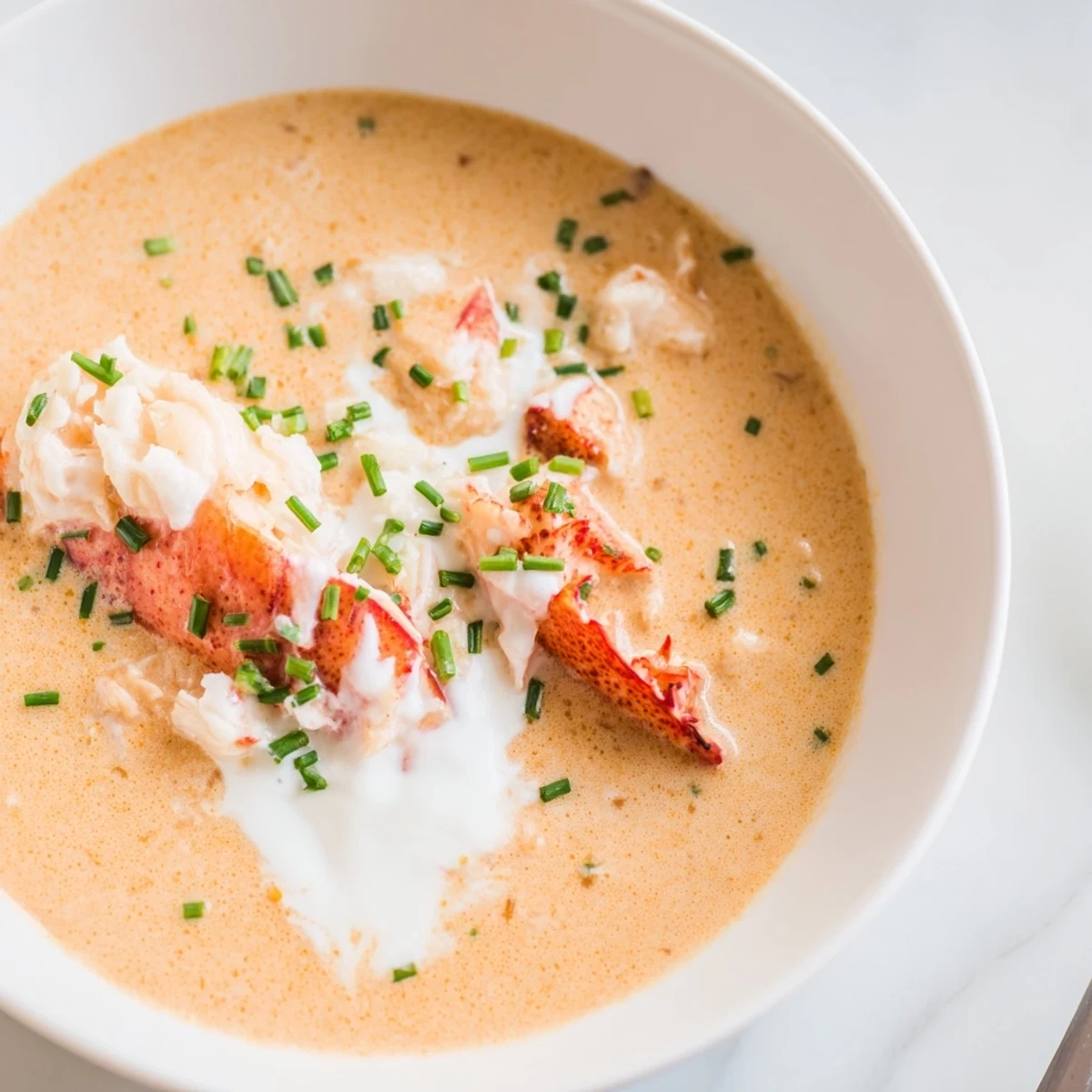Spooned Romantic Lobster Bisque reveals tender lobster meat in a velvety orange bisque with sherry vinegar.