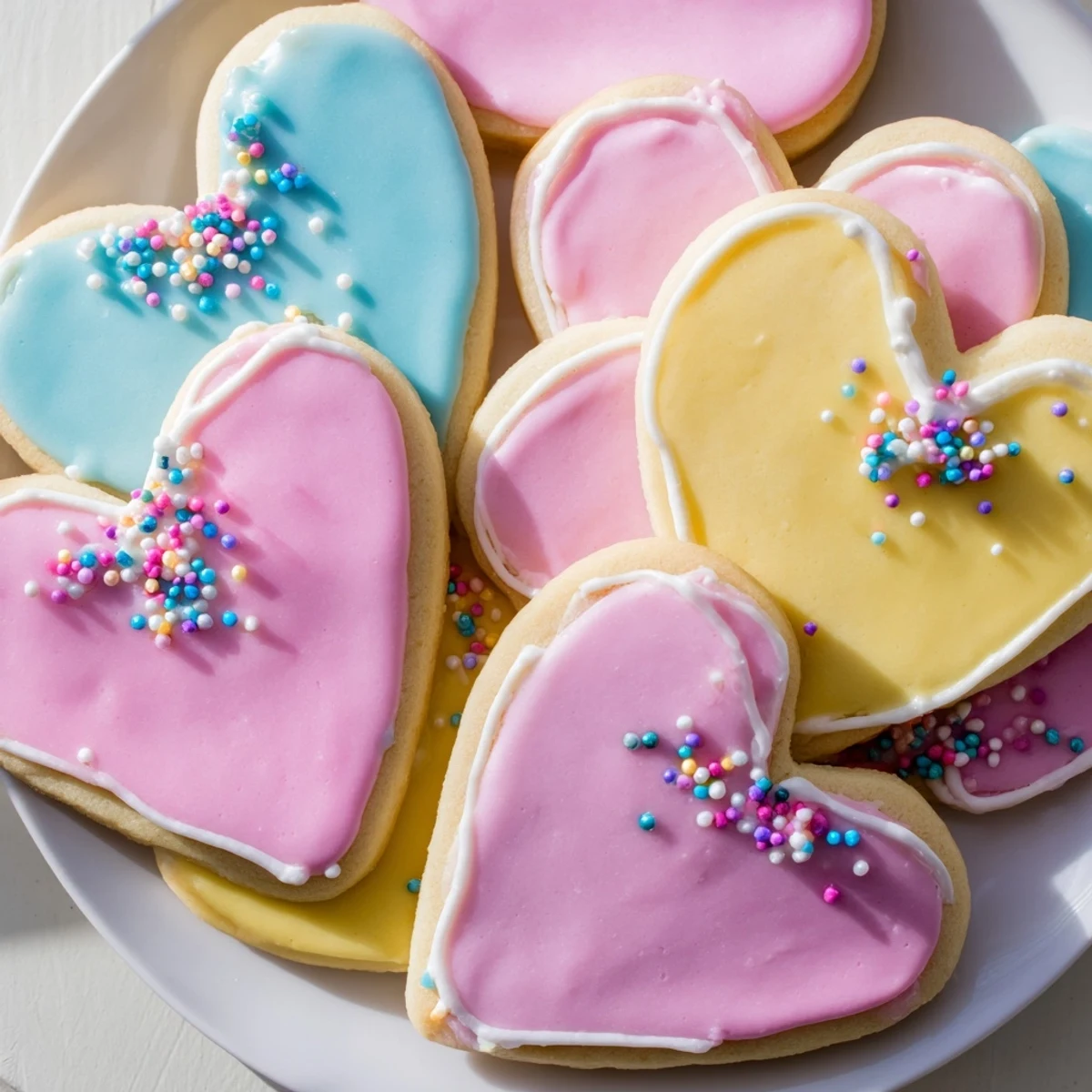 Freshly decorated Heart Shaped Sugar Cookies with Icing are arranged on parchment paper.