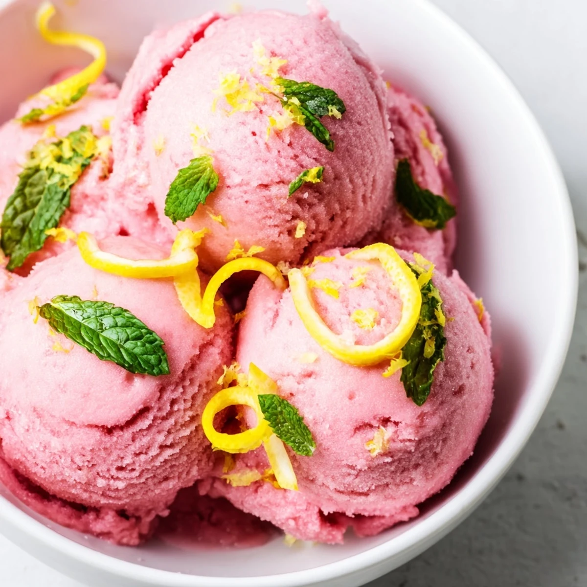 A vibrant, frosty Pink Lemonade Sorbet with Mint in a metal pan, showing light, fluffy texture and a bright pink hue.