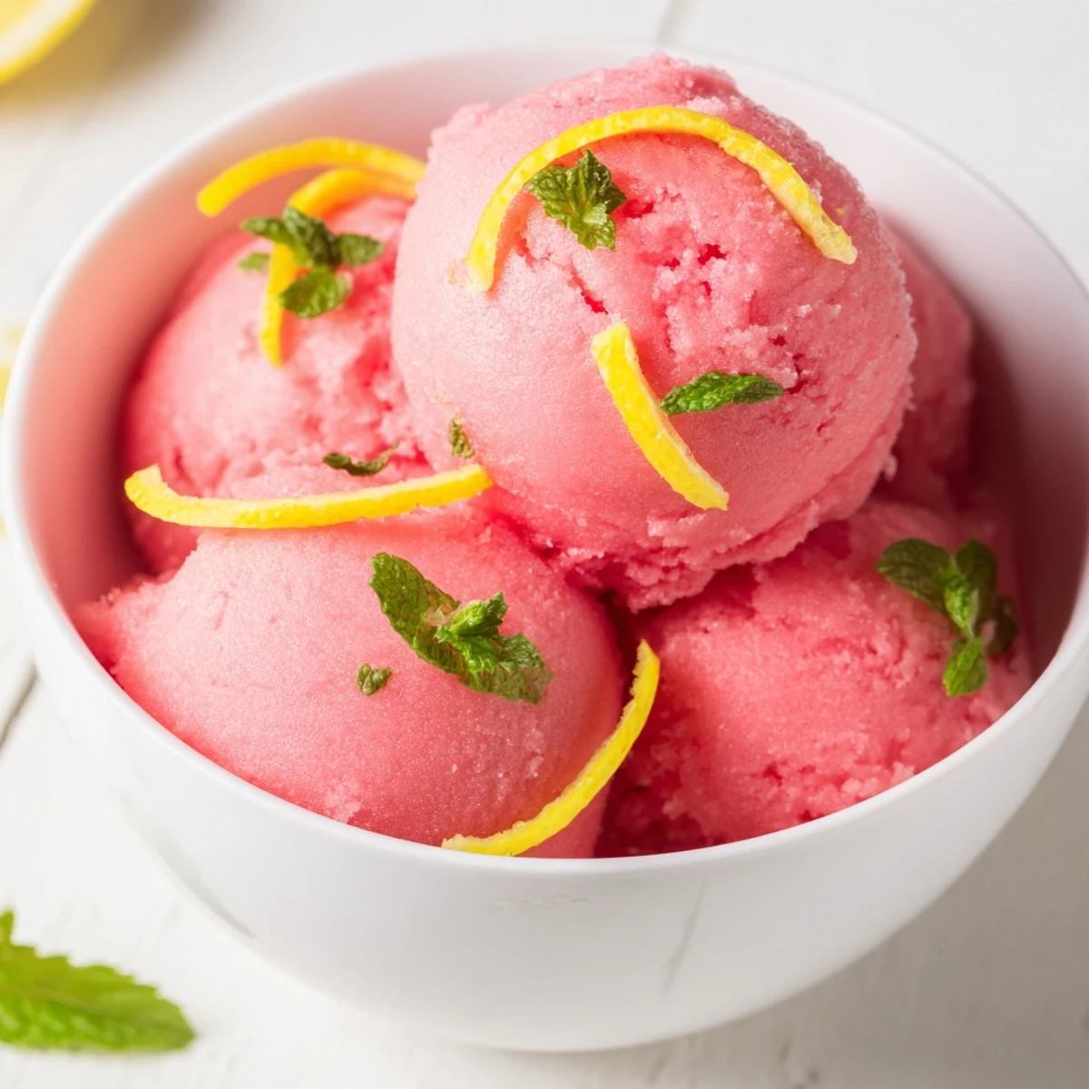 Homemade Pink Lemonade Sorbet with Mint garnished with lemon slices, offering a refreshing and zesty dessert for hot days.