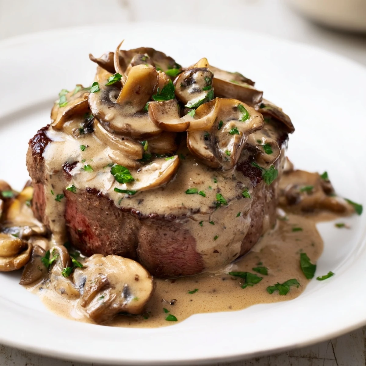 Steak Diane with mushroom sauce served alongside buttery mashed potatoes and green beans for dinner.