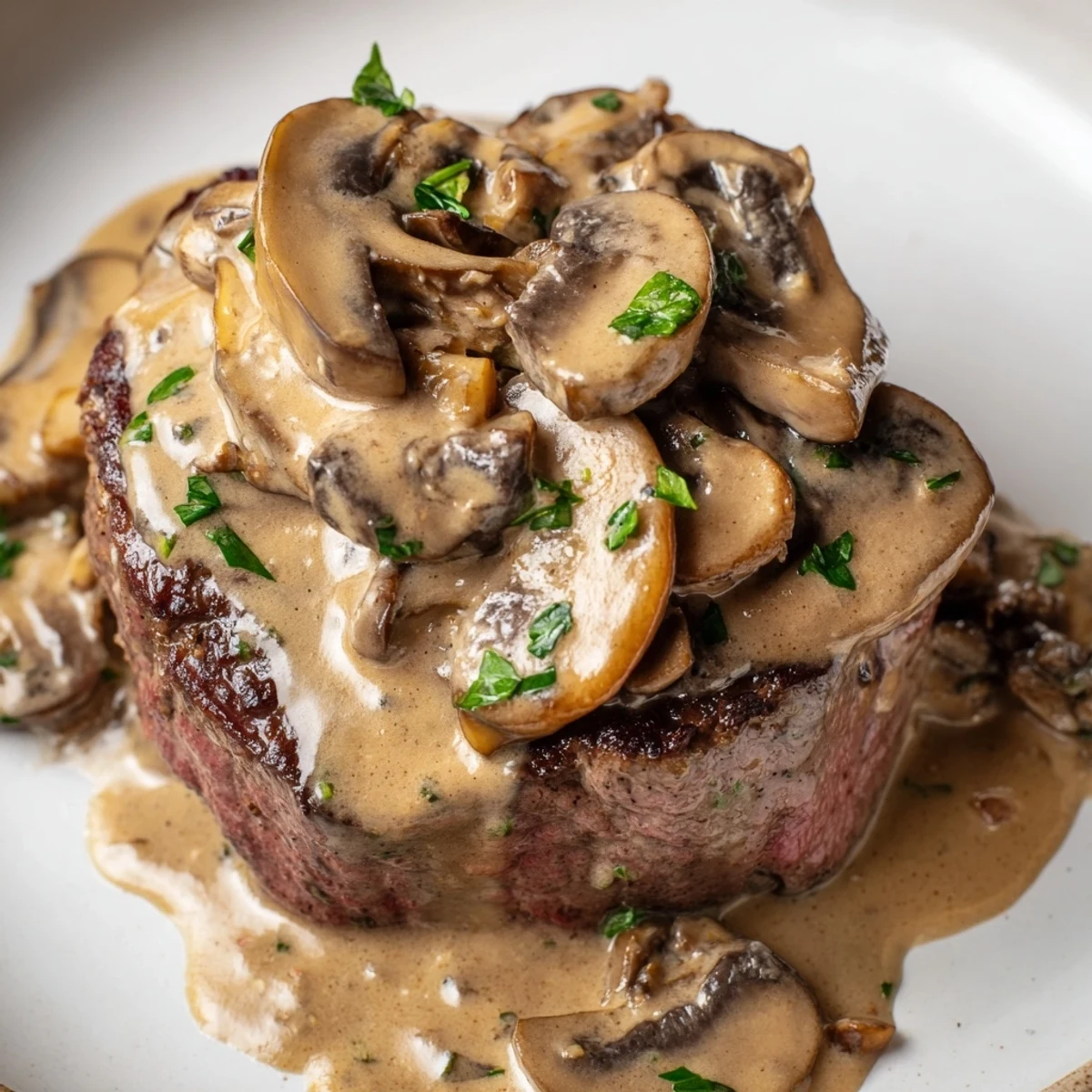 Golden-brown pan-seared Steak Diane with creamy mushroom sauce and fresh parsley garnish on a dark plate.