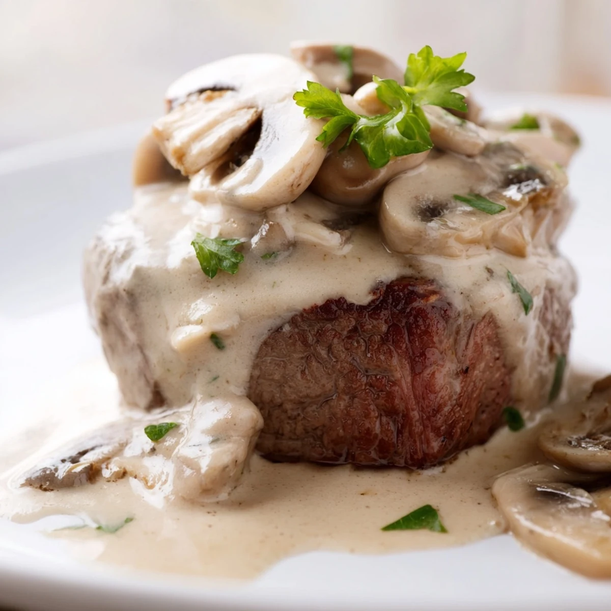A close-up of juicy Steak Diane topped with rich mushroom sauce, perfect for a special occasion.