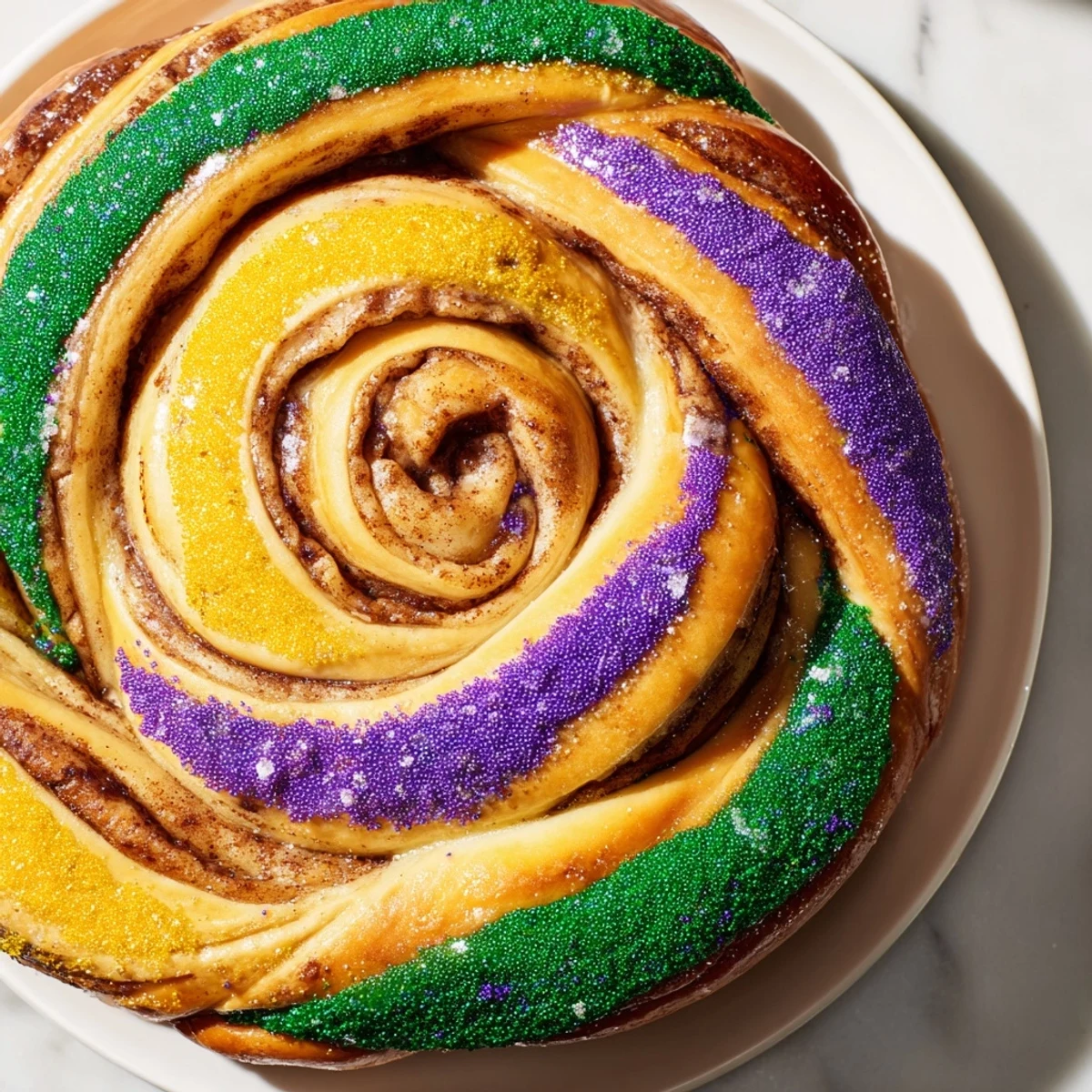 A festive Mardi Gras King Cake on a wooden board, adorned with purple, green, and gold sugar and a hidden plastic baby inside.