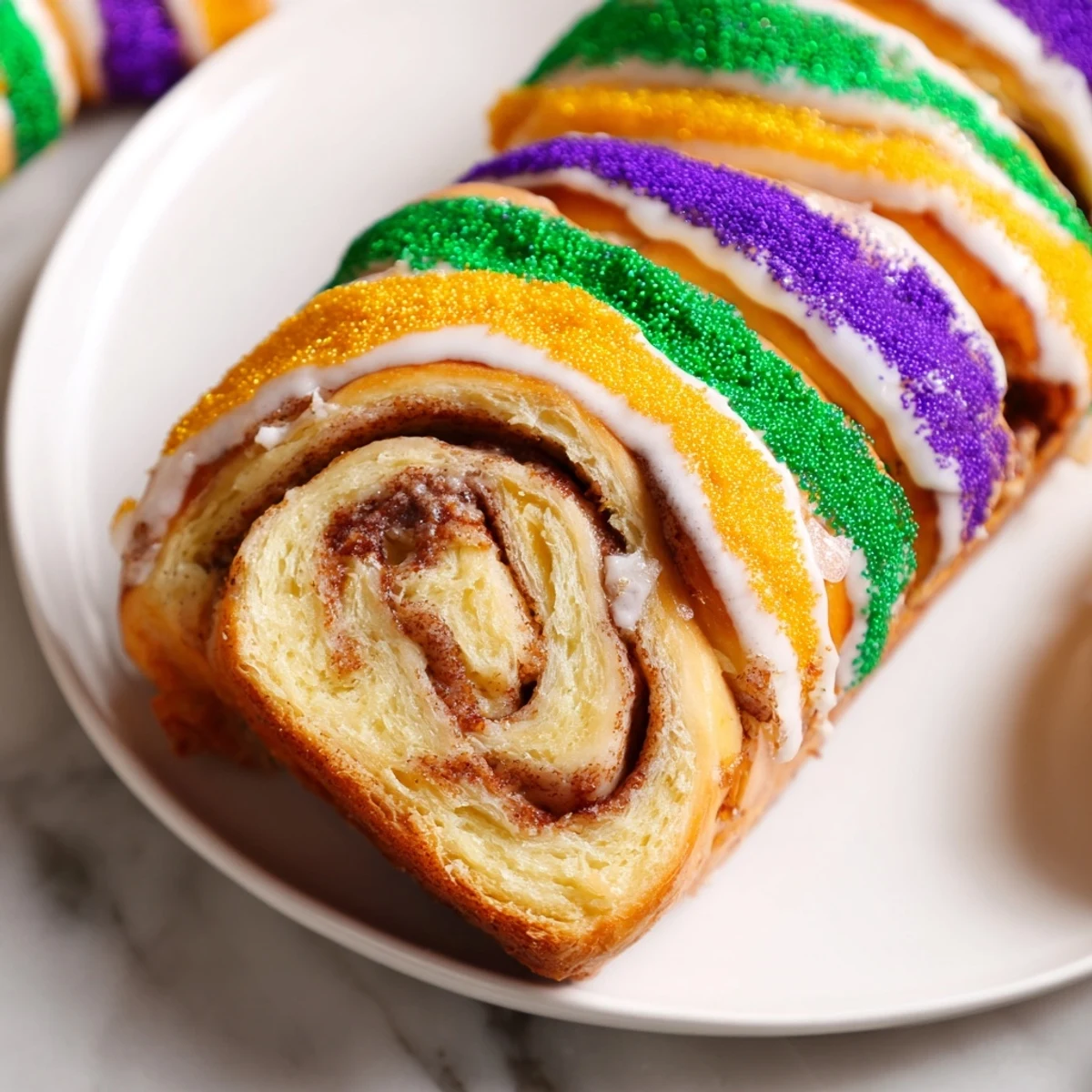 This vibrant New Orleans King Cake reveals soft brioche layers swirled with sweet cinnamon filling when sliced open.