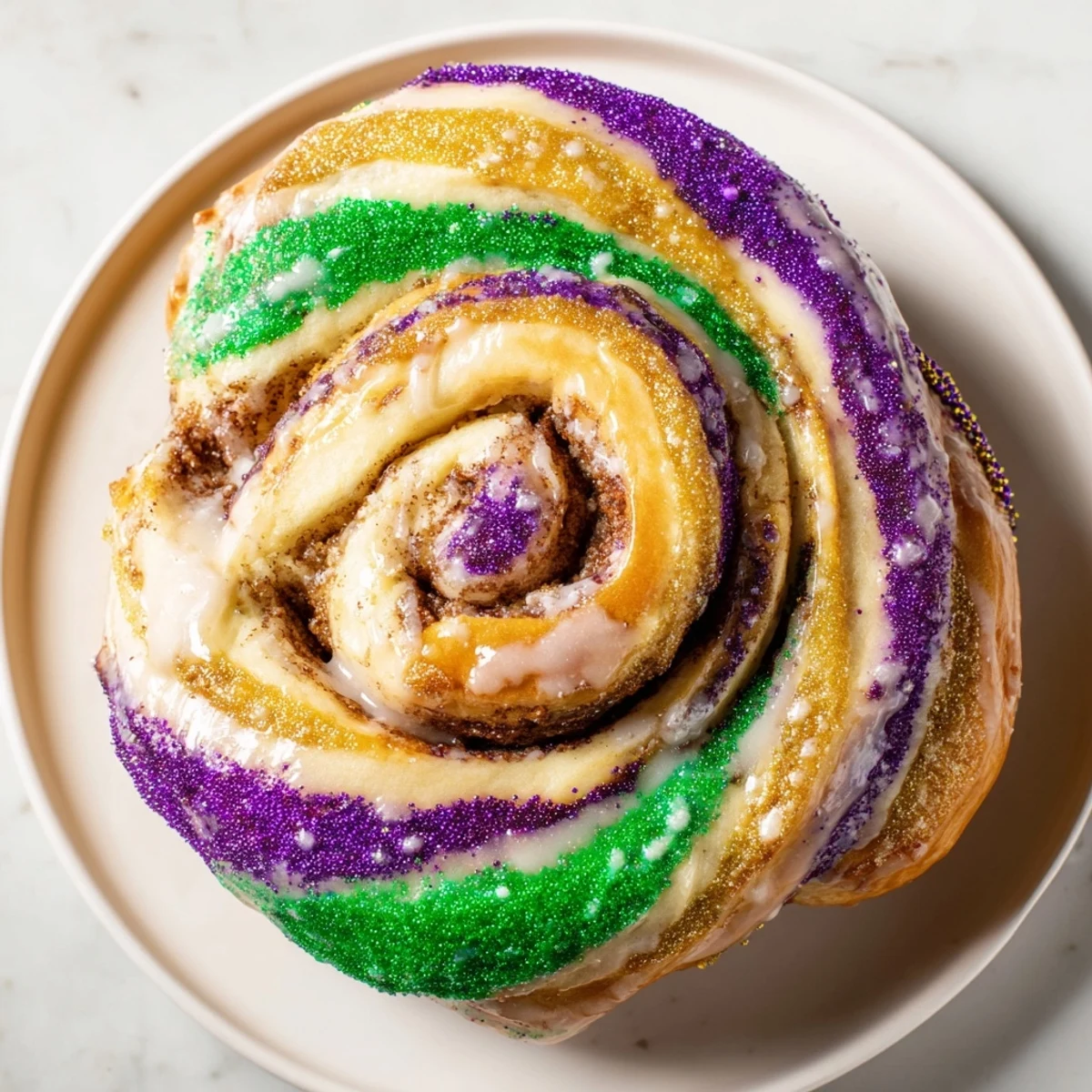 Freshly baked Mardi Gras King Cake drizzled with white icing and dusted with colorful sugars, ready for a Carnival celebration.